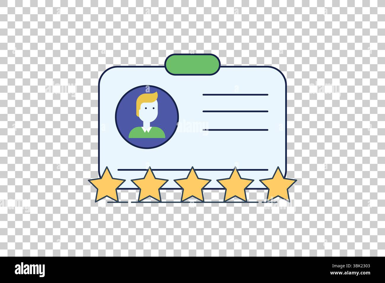 Illustration vectorielle de badge d'identification rectangulaire avec avatar, étoiles de notation et onglet vert sur fond transparent Illustration de Vecteur