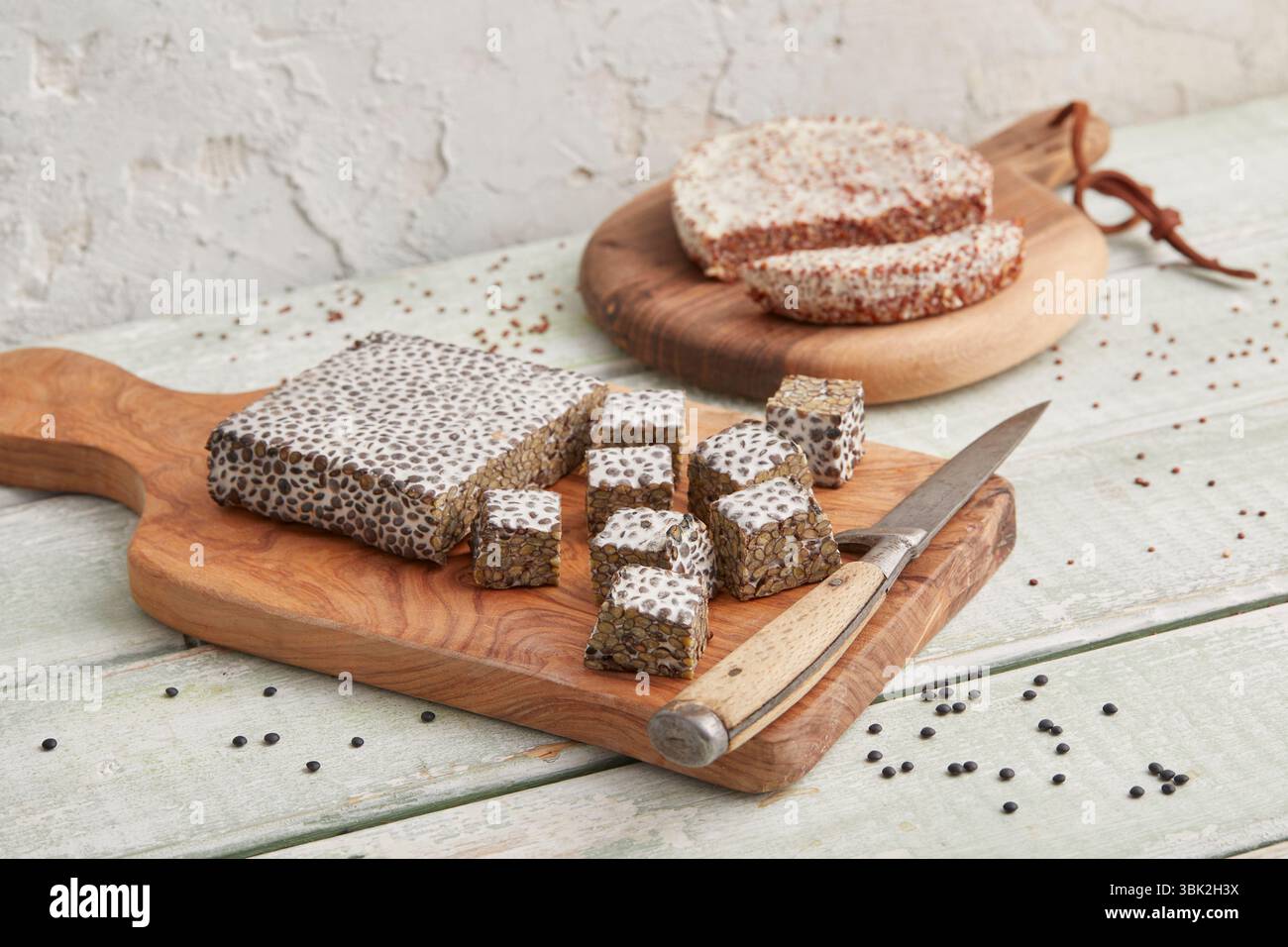 Tempeh maison – une protéine fermentée à base de plantes à base de soja, parfaite pour une alimentation propre, des repas végétaliens, la santé intestinale Banque D'Images