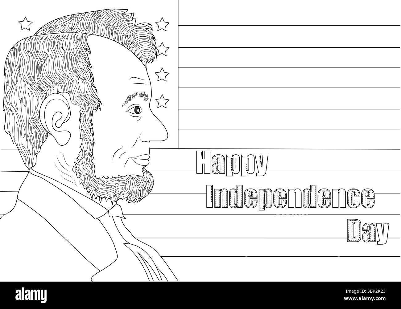 Illustration d'art au trait noir et blanc avec un portrait de profil d'Abraham Lincoln avec des étoiles, des rayures ressemblant au drapeau américain, et 'Happy Independe Illustration de Vecteur