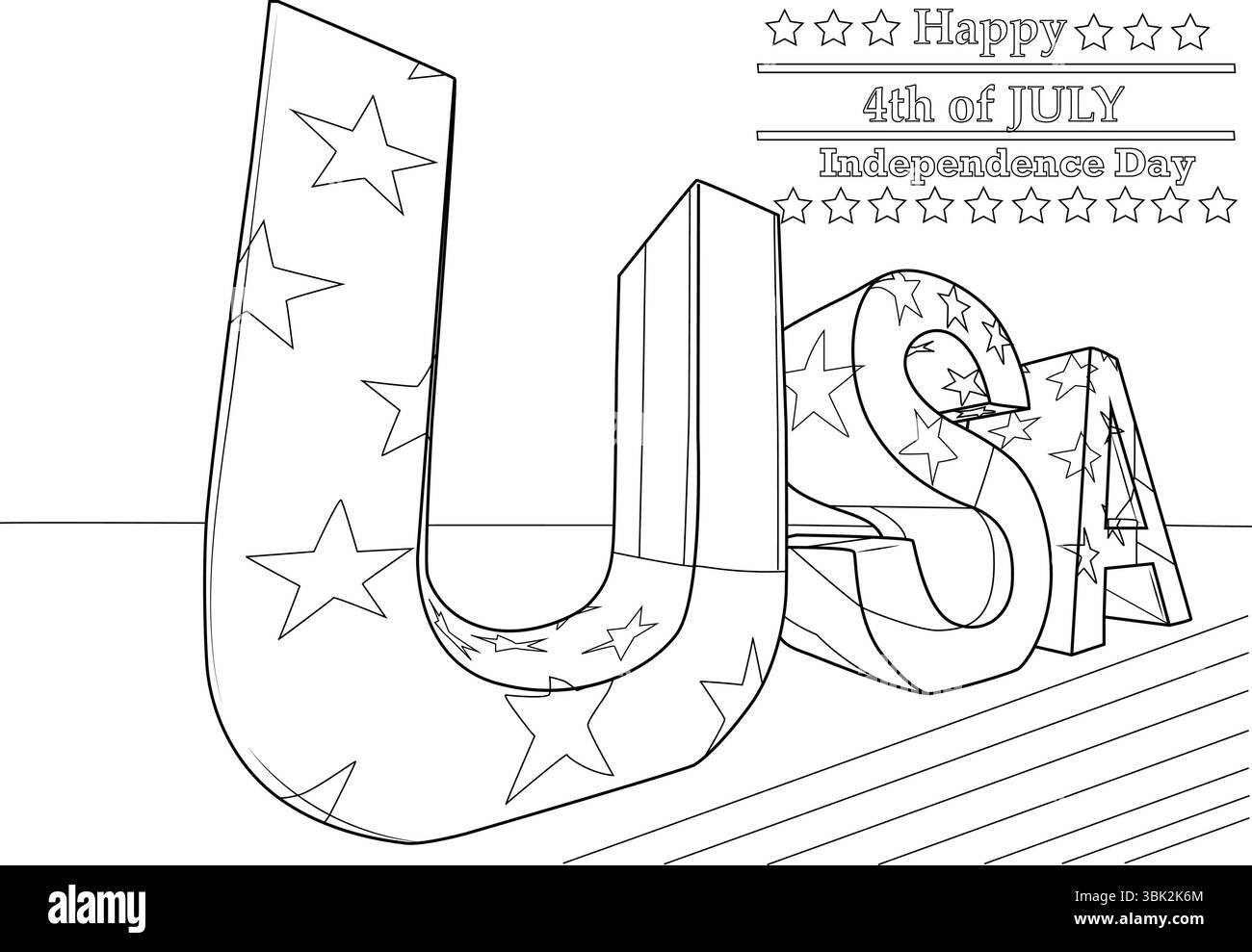 Illustration d'art au trait noir et blanc parfait pour la coloration, avec de grandes lettres d'imprimerie 'USA' décorées d'étoiles et accompagnant le texte 'Happy 4th Illustration de Vecteur