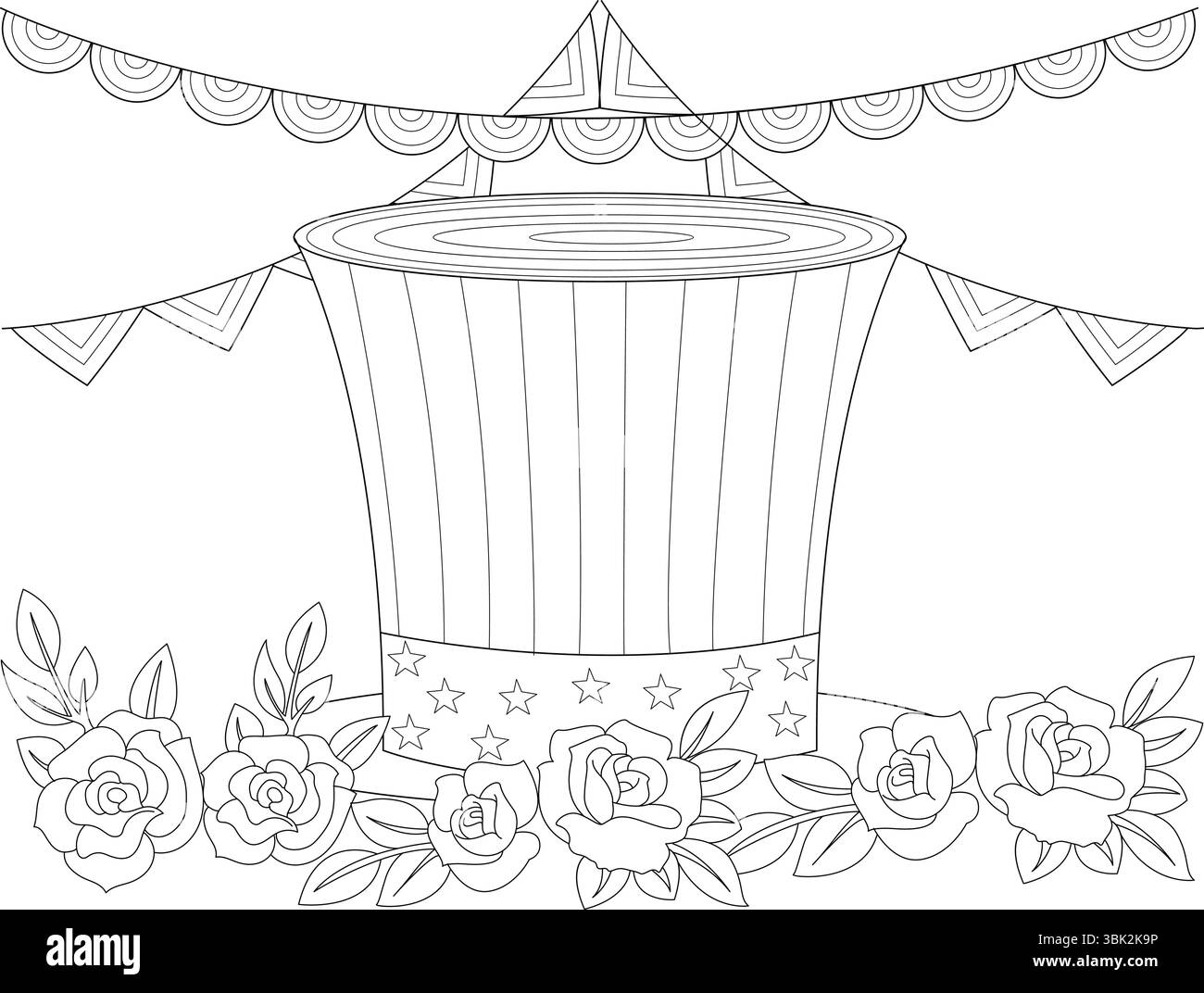 Illustration d'art de ligne noir et blanc pour la coloration, mettant en vedette un chapeau de style oncle Sam classique avec des rayures et des étoiles, entouré de belles fleurs et Illustration de Vecteur