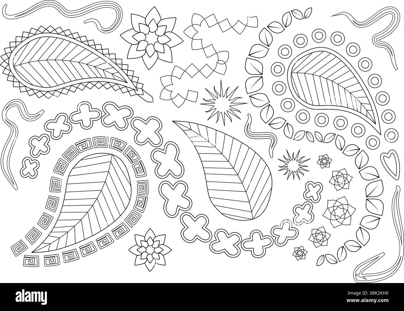 Une collection d'éléments abstraits et ornementaux dessinés à la main inspirés des motifs traditionnels indiens. Comprend diverses formes comme Paisley, fl Illustration de Vecteur