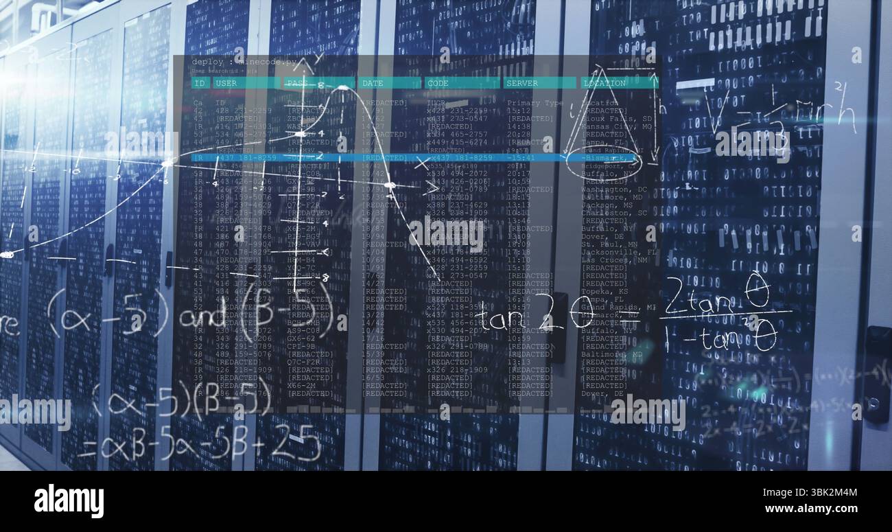 Affichage des racks de serveurs avec tables de codes flottants, graphiques et formules dans le couloir du centre de données Banque D'Images