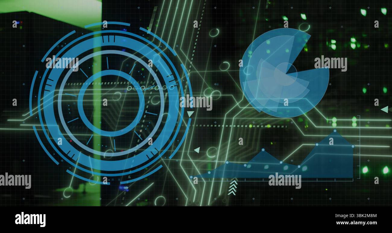 Affichage du HUD, du graphique circulaire, du graphique linéaire, des circuits du clavier dynamique animé, de la personne derrière le panneau vert allumé Banque D'Images