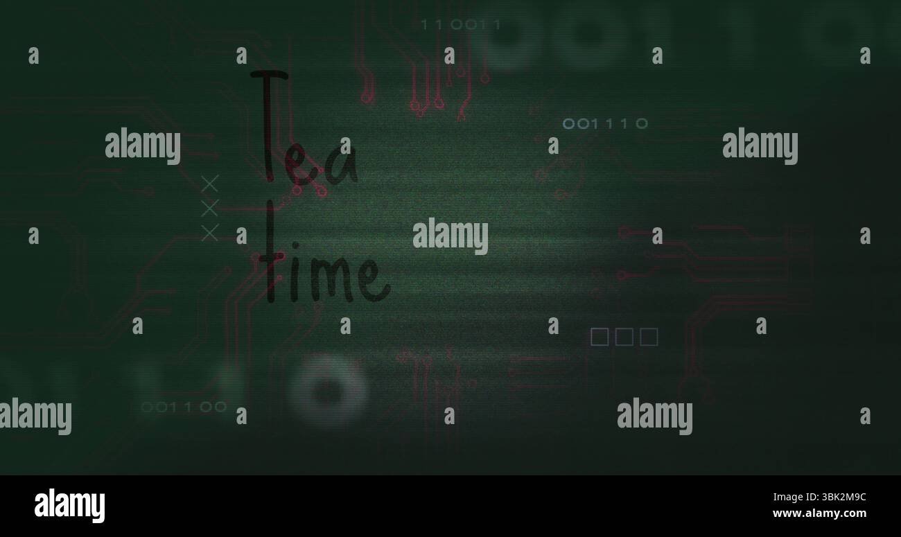 Survol du texte « Tea Time » sur l'affichage du circuit avec des carrés de code binaire et des surimpressions de pics Banque D'Images