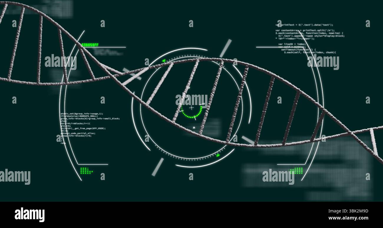 Affichage de l'hélice d'ADN traversant l'interface sarcelle, avec des réticules holographiques et des extraits de code Banque D'Images