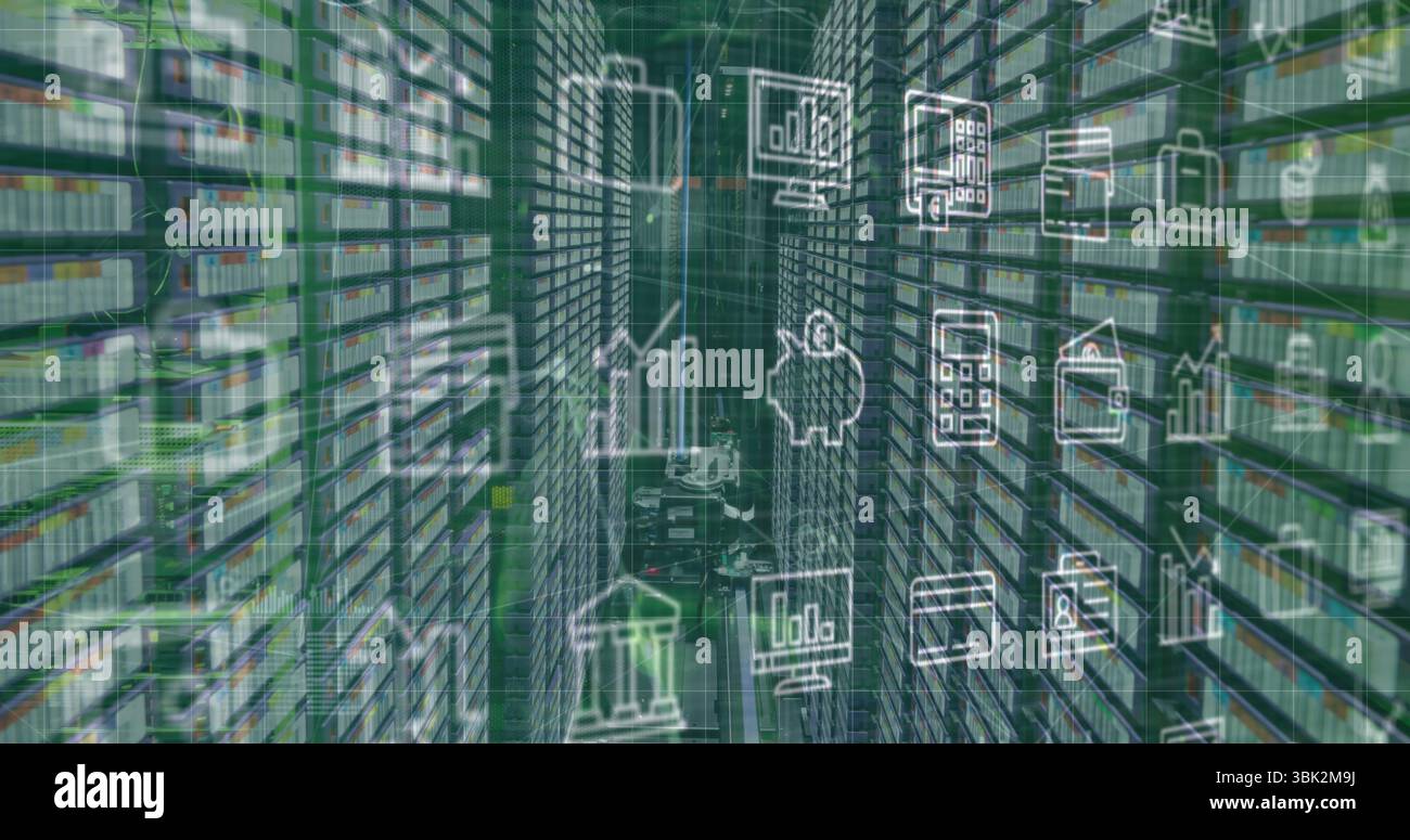 Extension de l'allée étroite dans le centre de données high-tech, avec des racks de serveurs clignotants et des icônes financières Banque D'Images