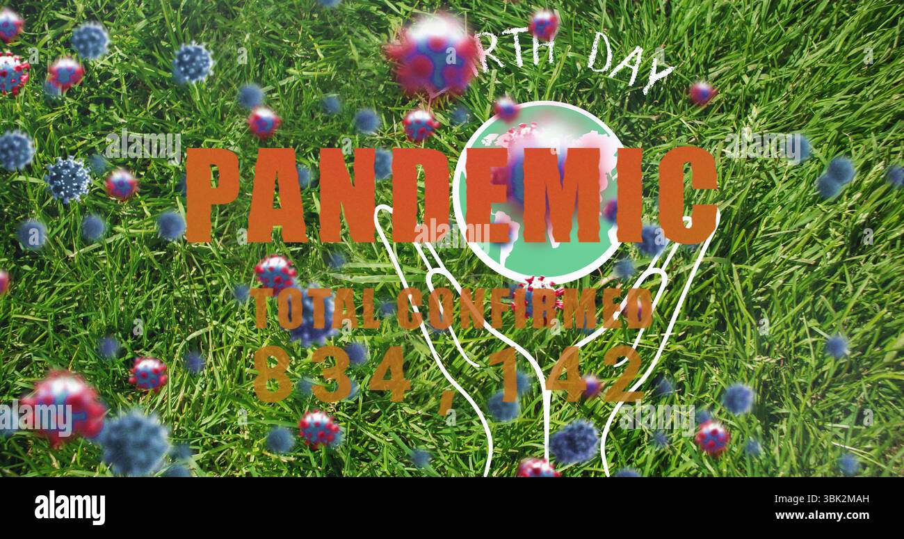 Affichage d'un graphique DE PANDÉMIE sur l'herbe montrant la Terre dans les mains et des icônes de virus flottantes Banque D'Images