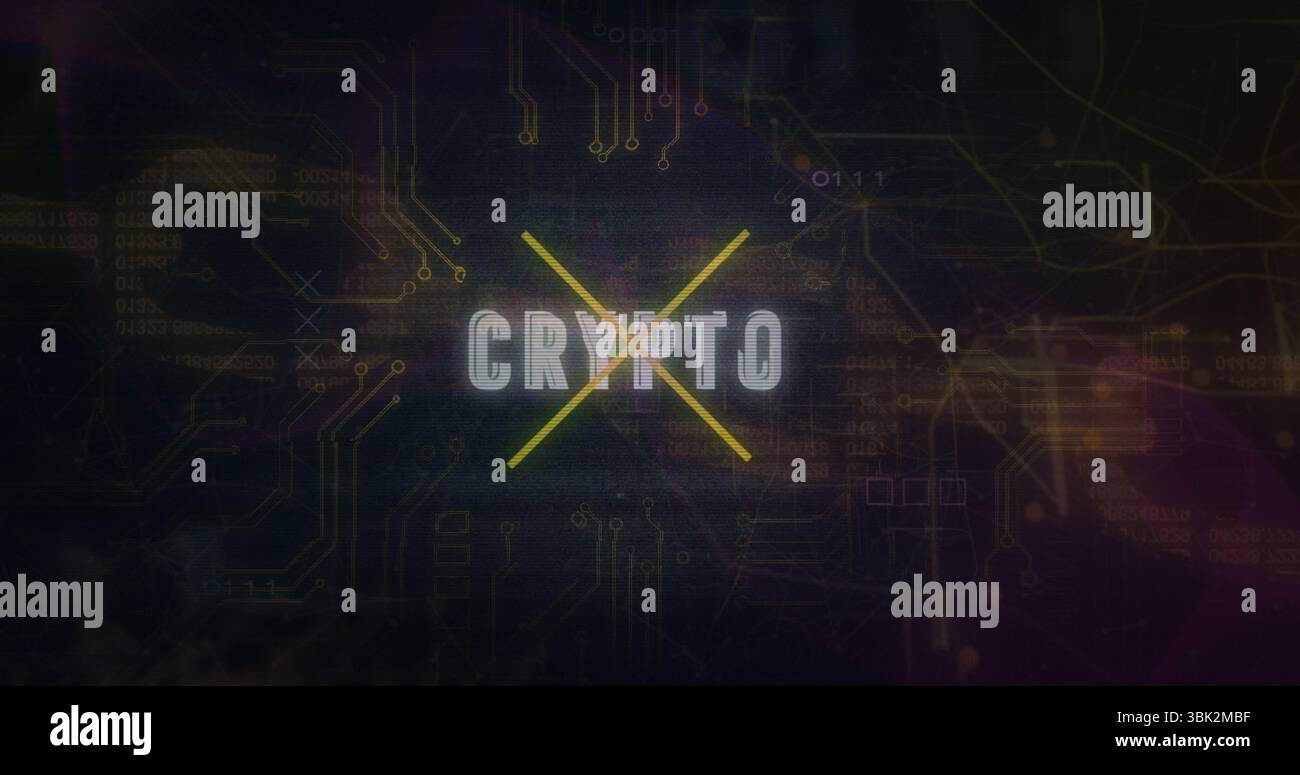 Avec des lettres CRYPTO croisant des lignes jaunes sur une carte de circuit virtuel, des superpositions de code binaire Banque D'Images