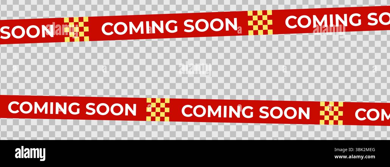 Bientôt disponible ruban bandeau rouge pour le lancement de produits, le teaser de vente au détail, la campagne de vente ou l'annonce d'ouverture de magasin. Motif à rayures d'avertissement modifiable pour la promotion Illustration de Vecteur