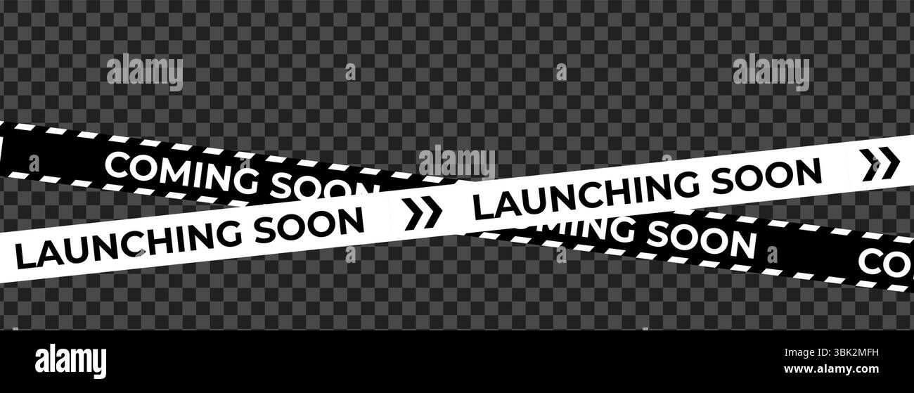 Lancement bientôt disponible bande de bannière avec flèches chevron et BG transparent pour la sortie de produit, promo Web, teaser marketing, campagne en magasin ou Illustration de Vecteur