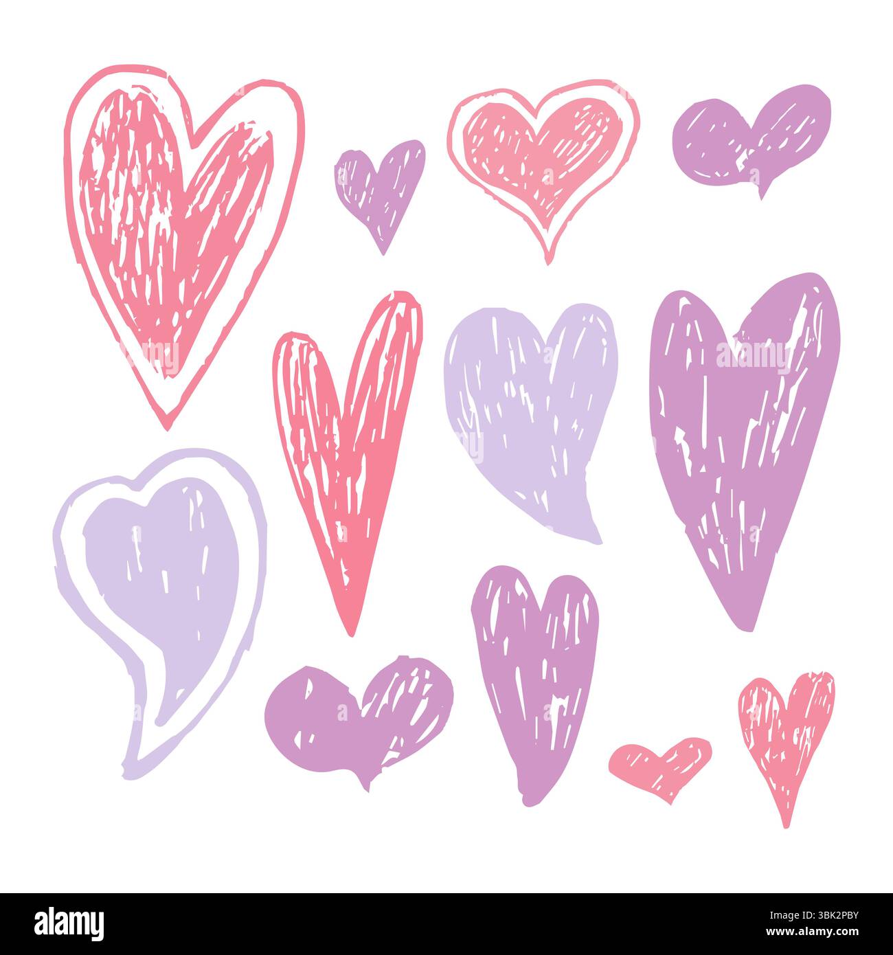 Illustration vectorielle d'un ensemble dessiné à la main de coeurs roses et violets dans le style d'esquisse au crayon. Isolé sur fond blanc. Doux, romantique et ludique Illustration de Vecteur