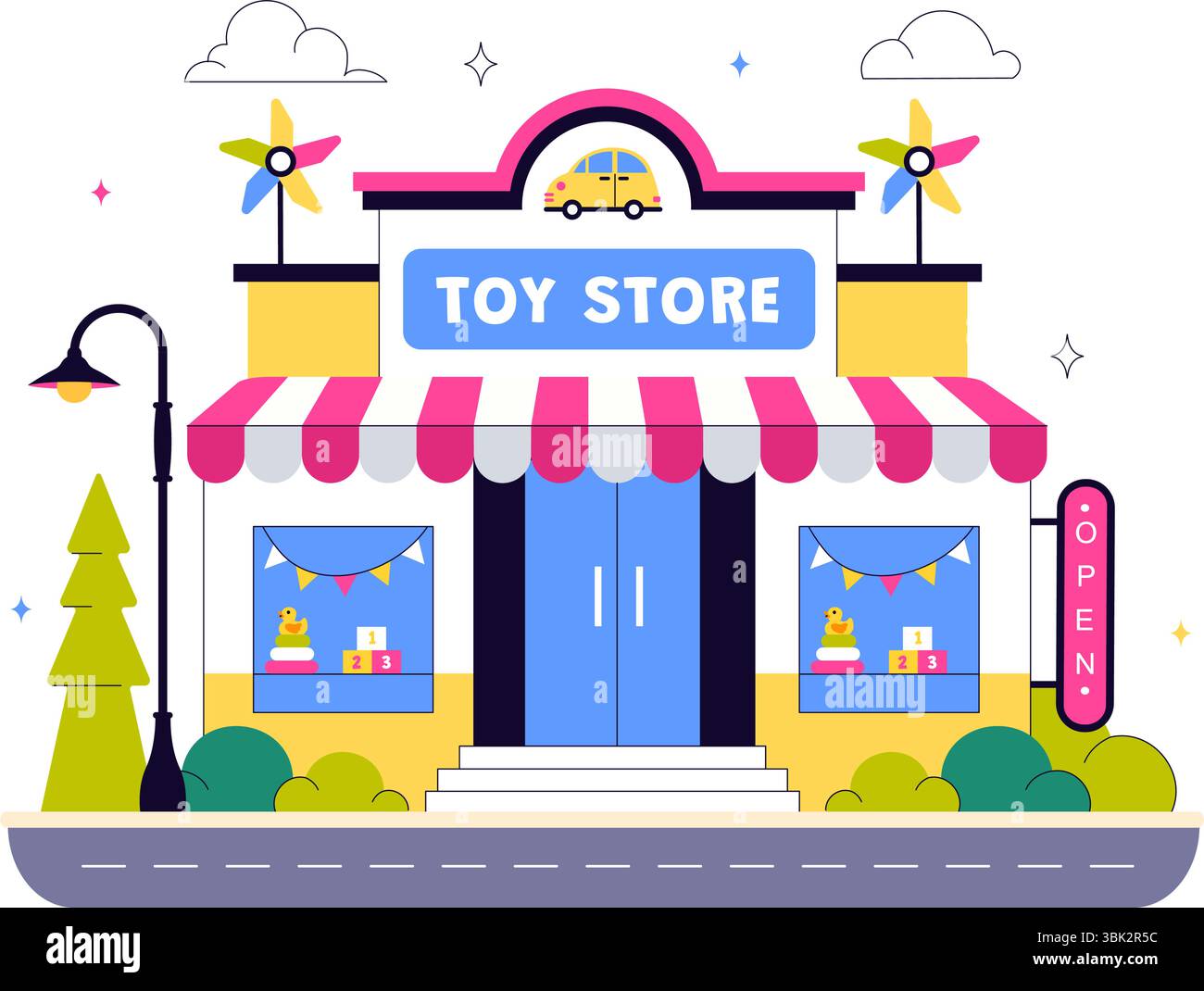 Illustration vectorielle de magasin de jouets présentant différents types de jouets tels que les voitures, ours en peluche, cerfs-volants, fusées, trains, et plus pour les enfants heureux Illustration de Vecteur