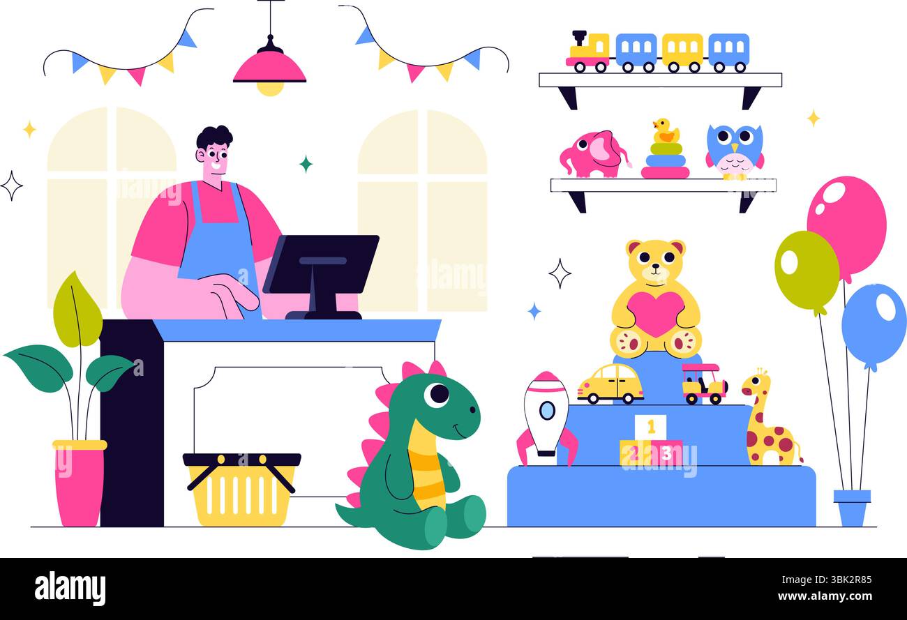 Illustration vectorielle de magasin de jouets présentant différents types de jouets tels que les voitures, ours en peluche, cerfs-volants, fusées, trains, et plus pour les enfants heureux Illustration de Vecteur