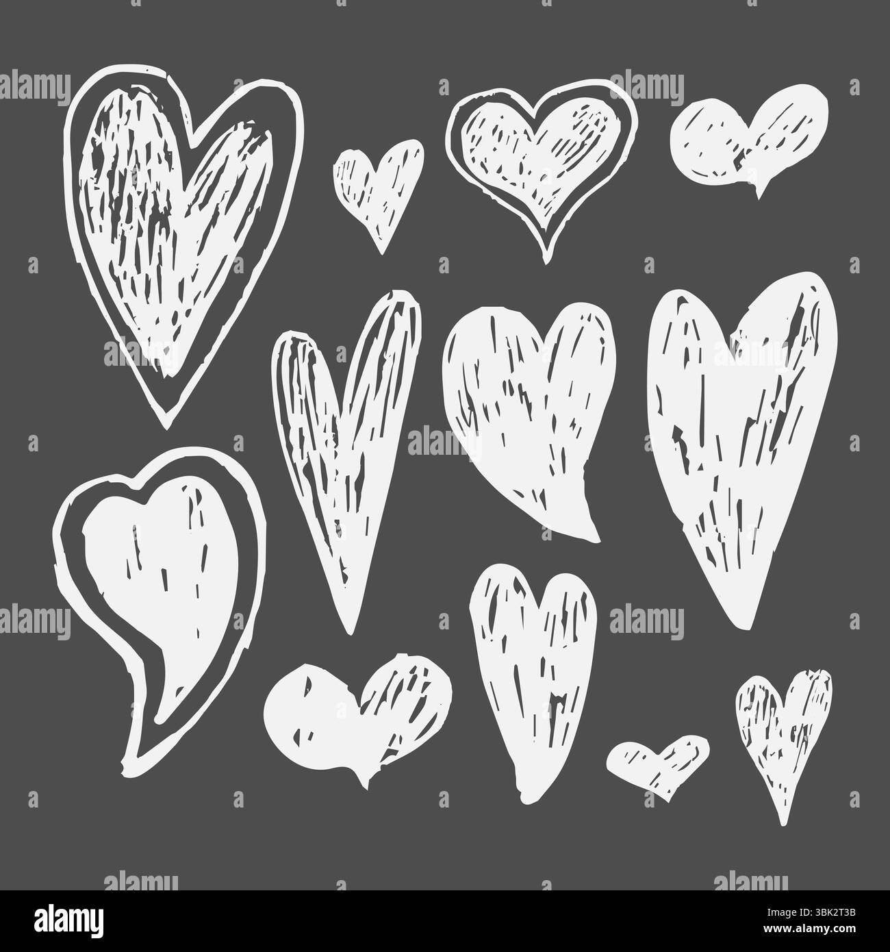 Illustration vectorielle d'un ensemble dessiné à la main de coeurs blancs dans le style croquis au crayon, isolé sur un fond noir. Élément romantique simple et expressif Illustration de Vecteur