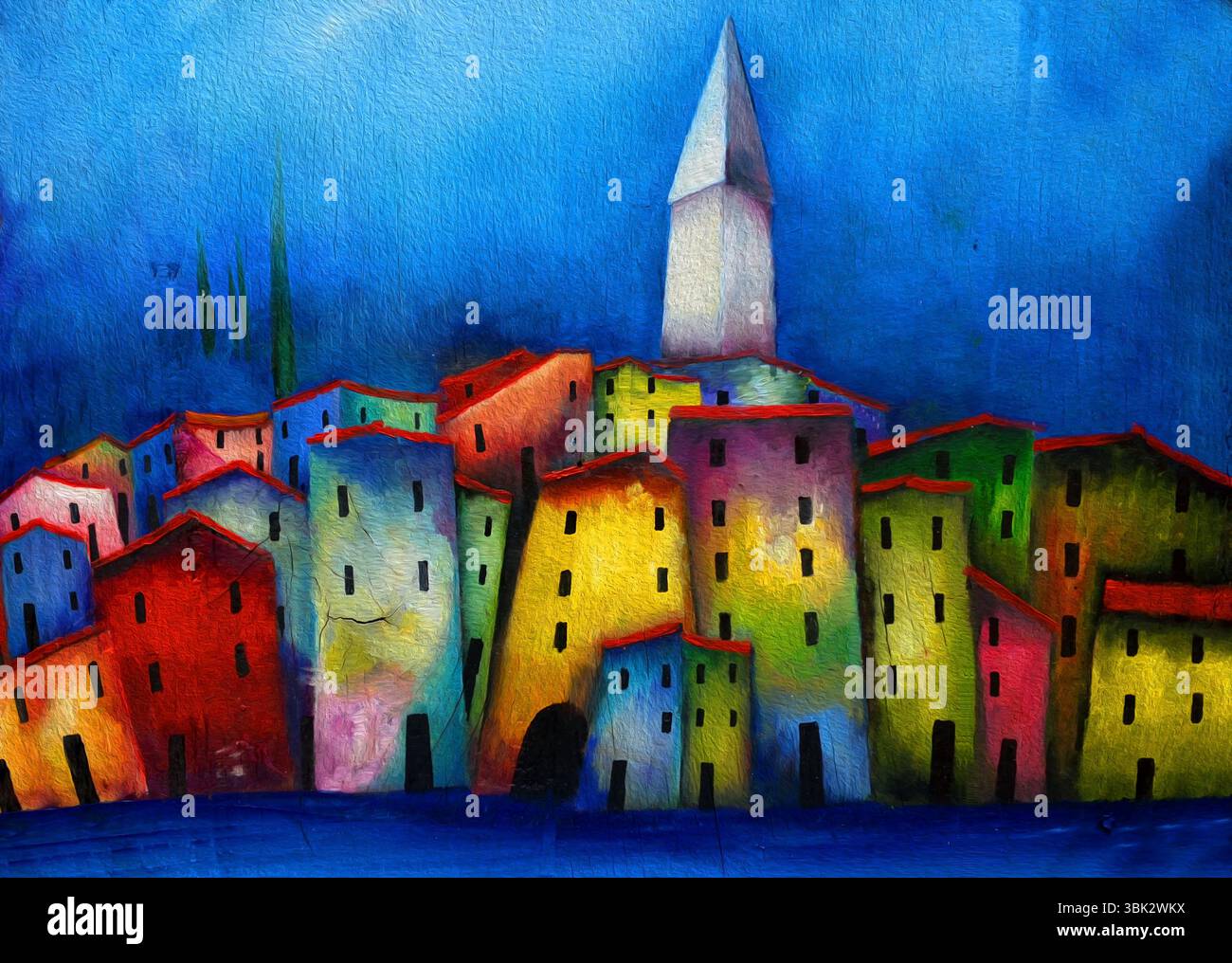 Petites maisons confortables sur la peinture à l'huile le soir Banque D'Images