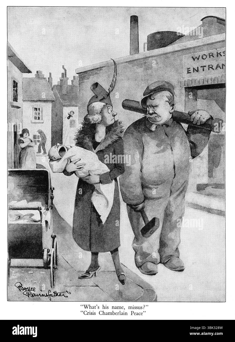 Un dessin animé amusant de la seconde Guerre mondiale représentant le personnage fictif populaire de soldat britannique, Old Bill, créé par le dessinateur Bruce Bairnsfather. Cette bande dessinée représente Old Bill comme un ouvrier d'usine vêtu d'un costume de chaudière et portant une longueur de tuyau sur son épaule. Il parle à une jeune femme bien habillée avec une poussette et tenant un bébé qui pleure. Ci-dessous se trouve la légende, « quel est son nom, missus ? », « Crisis Chamberlain Peace ». Banque D'Images