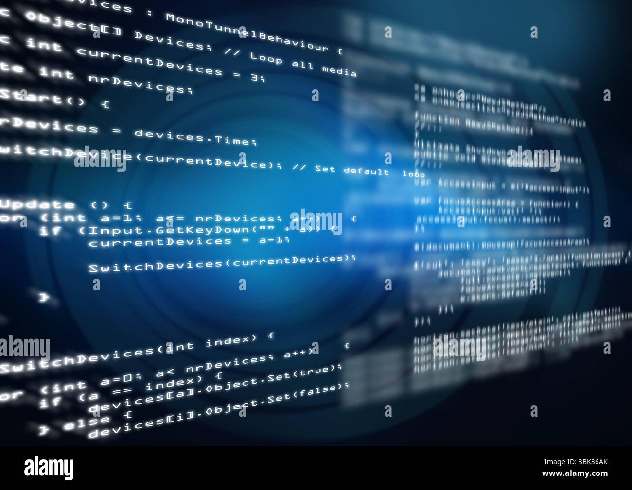 La superposition de texte de code de programmation s'affiche dans une interface de conception plate, avec des cercles concentriques lumineux Banque D'Images
