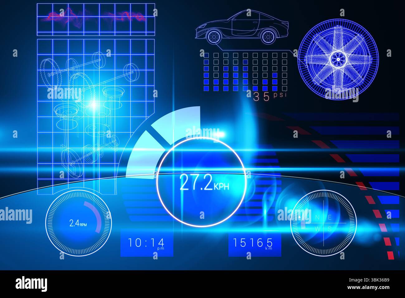 Interface de cockpit plate montrant une grille de forme d'onde bleu néon du compteur de vitesse et une roue filaire Banque D'Images