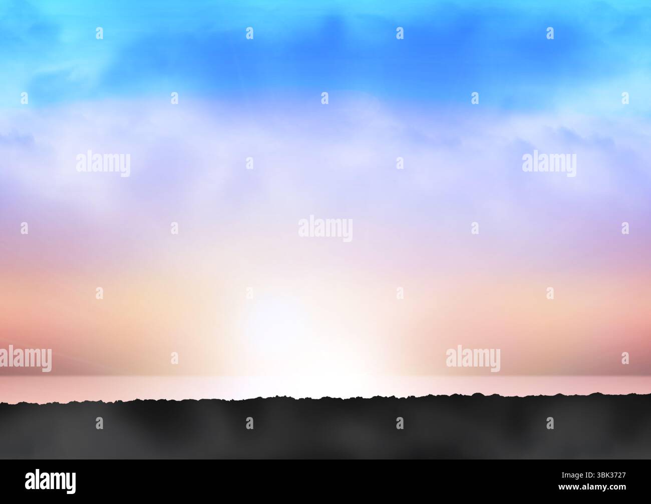 Le soleil se lève et crée un dégradé de ciel pastel avec une silhouette de rivage rocheux dans un design plat Banque D'Images