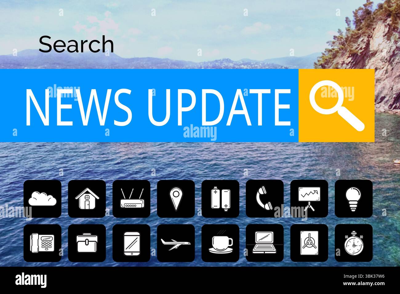 Affichage de l'interface superposant SEA avec bannière DE MISE À JOUR DES NOUVELLES, texte de recherche, icône de recherche et grille d'icônes Banque D'Images