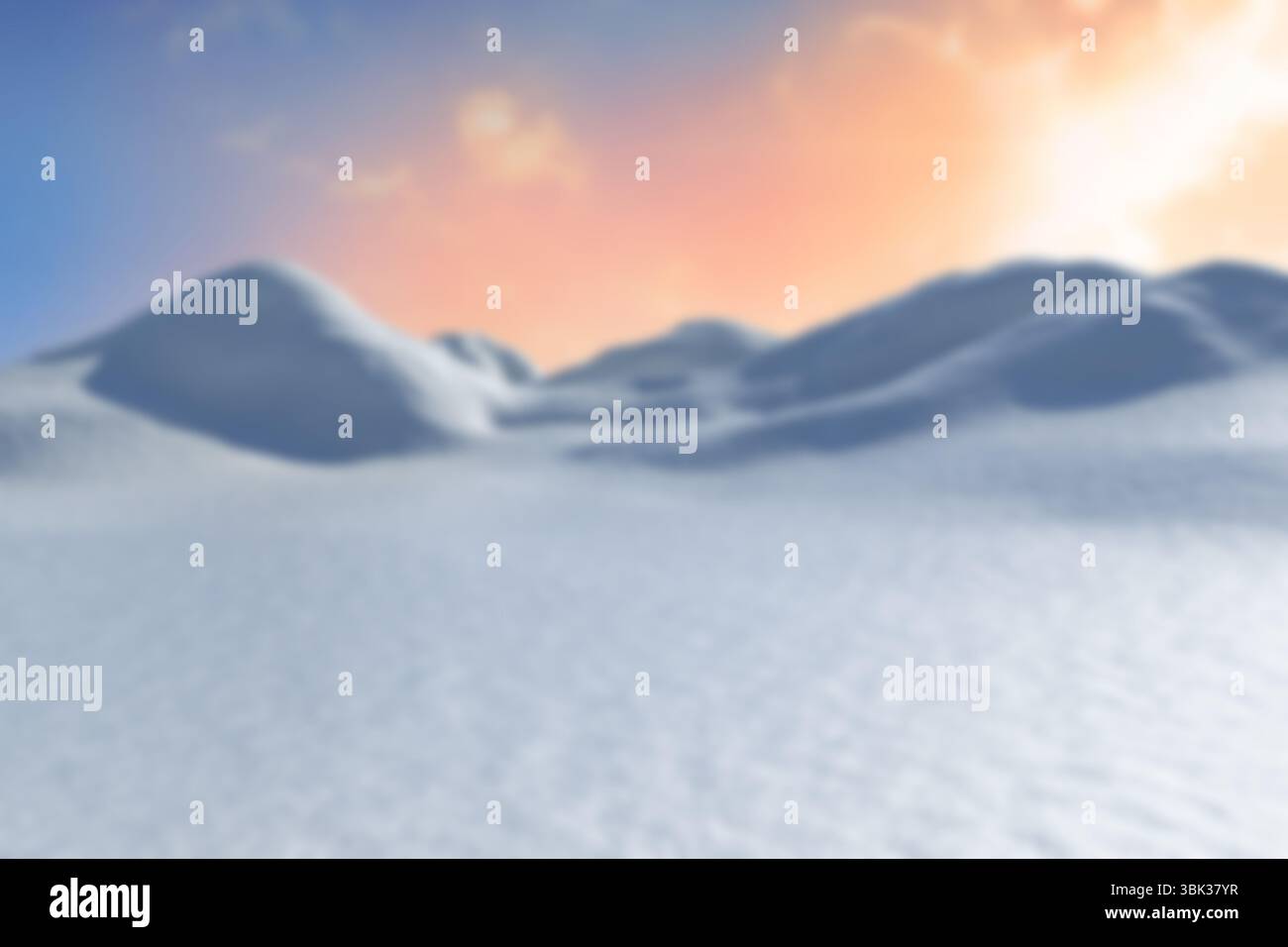 Les dunes de neige s'étirent à travers le champ de neige plat sous le ciel de lever de soleil pastel dans la conception plate Banque D'Images