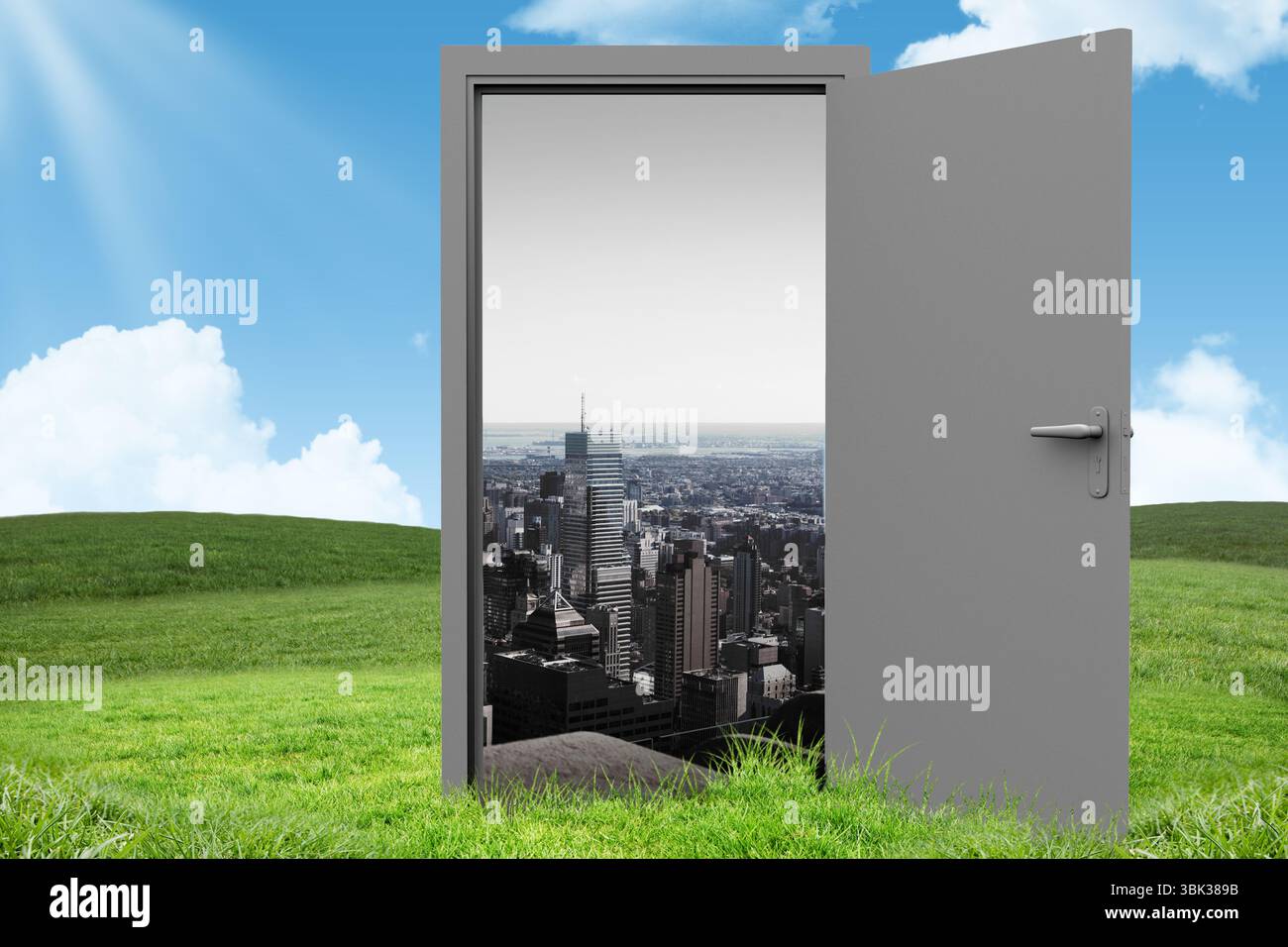 Gray Door s'ouvre du champ vert dans l'horizon urbain dans un design plat surréaliste avec des rayons de soleil Banque D'Images
