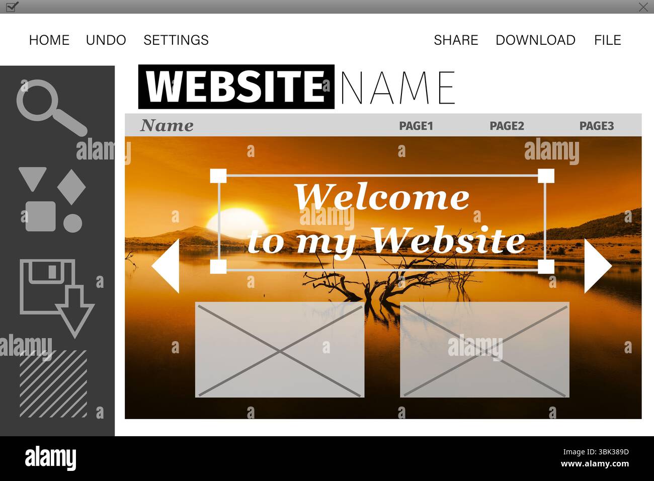 l'interface de l'éditeur de site web montre un design plat avec un fond de lac de coucher de soleil et une zone de texte modifiable Banque D'Images