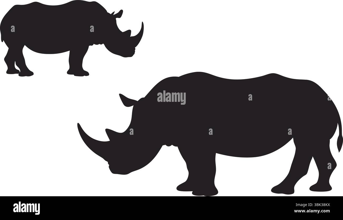 Vecteur silhouette de rhinocéros, Clipart de rhinocéros noir, animal isolé, illustration de la faune sauvage de la nature, corne, Safari, contour simple, Design de mammifère africain. Illustration de Vecteur