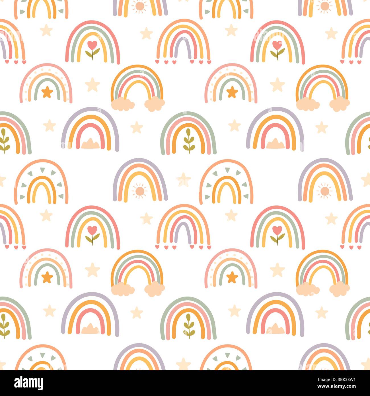 Arcs-en-ciel pastel fantaisistes avec des icônes comme le soleil, les coeurs, les feuilles et les nuages dans un motif sans couture. Idéal pour la décoration des enfants. Illustration de Vecteur