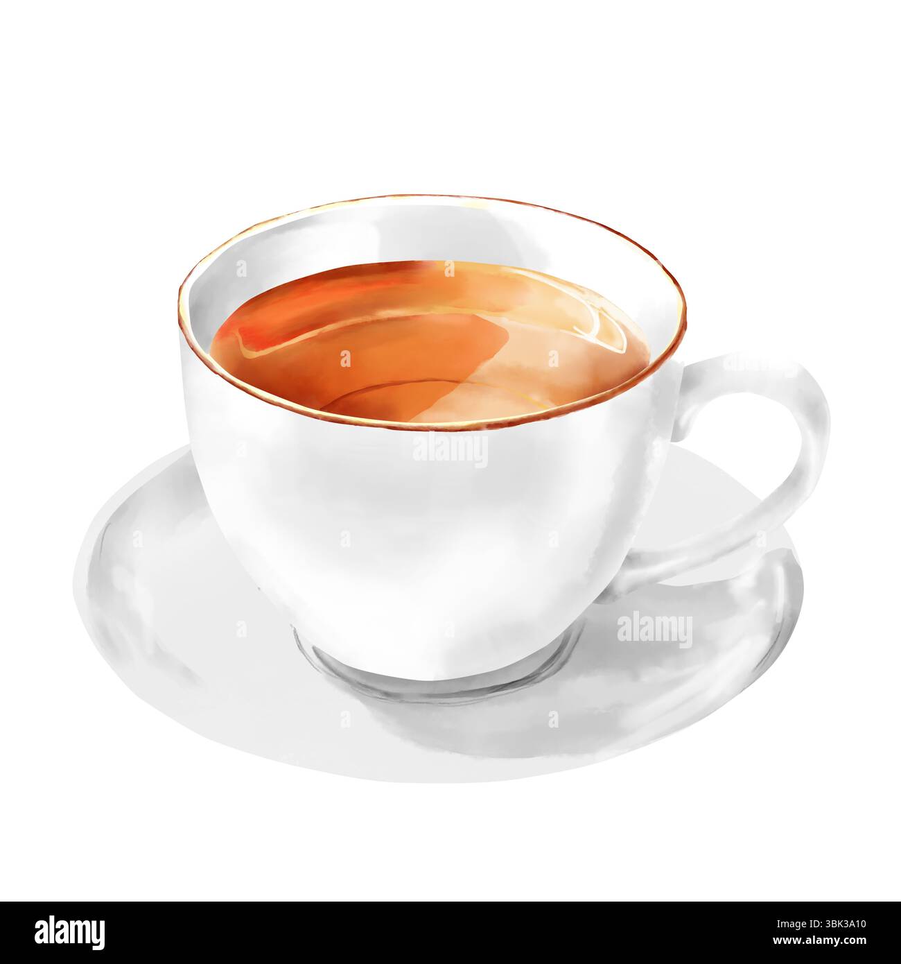 Une tasse de thé chaud. Illustration aquarelle. Thé dans une tasse en porcelaine blanche sur une soucoupe, isolé sur un fond blanc. Un thème pour les cafés, la cuisine, les texti Banque D'Images