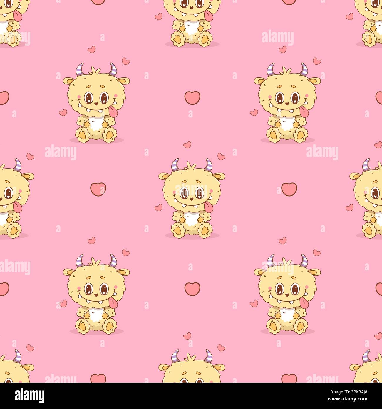 Modèle sans couture avec mignon petit monstre jaune romantique sur fond rose avec des coeurs. Animal de personnage kawaii drôle de dessin animé. Illustration vectorielle Illustration de Vecteur