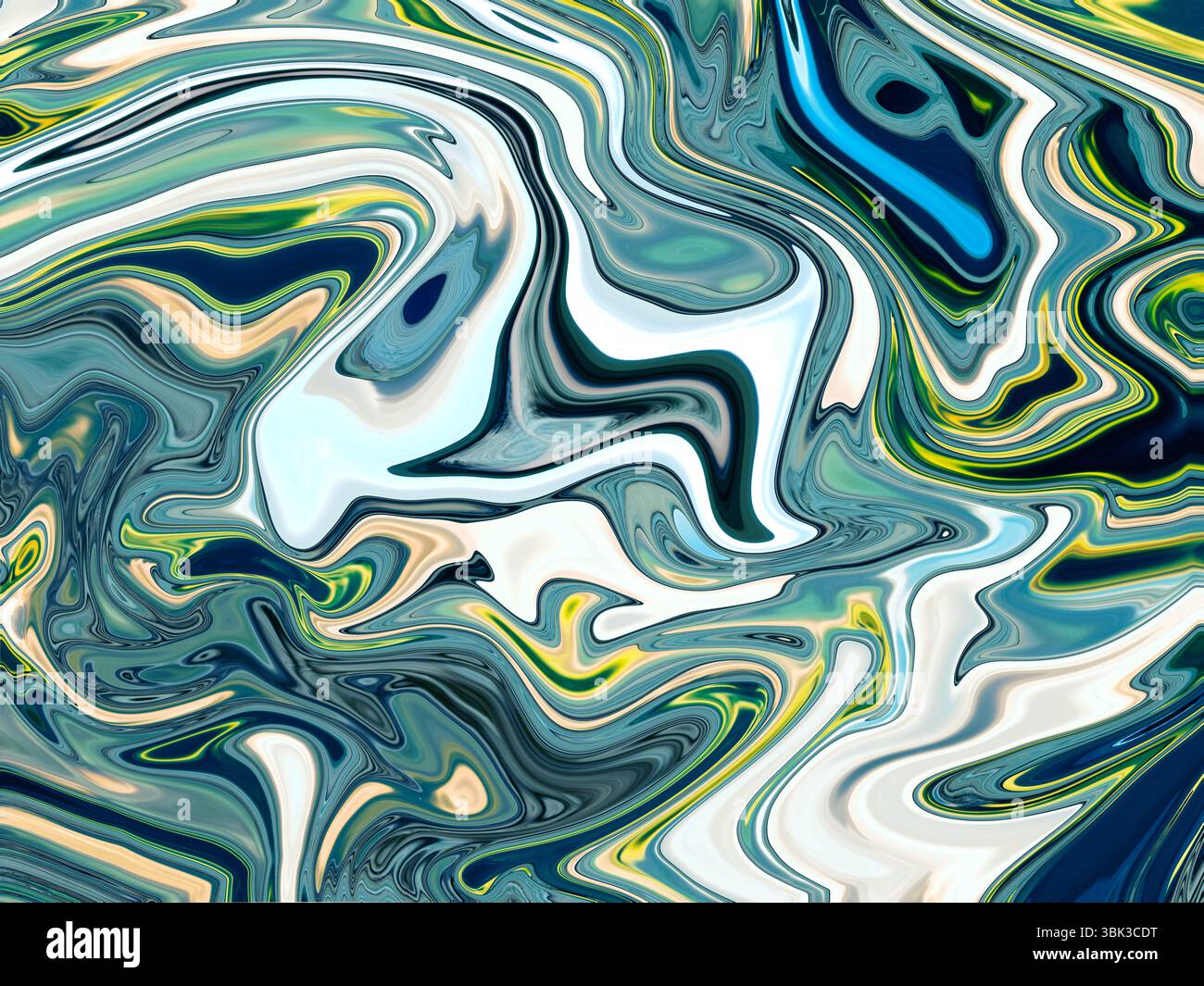 Les tourbillons vibrants de couleurs vert, bleu et crème fusionnent harmonieusement, mettant en valeur le mouvement fluide et l'expression artistique dans une œuvre d'art numérique moderne. Banque D'Images