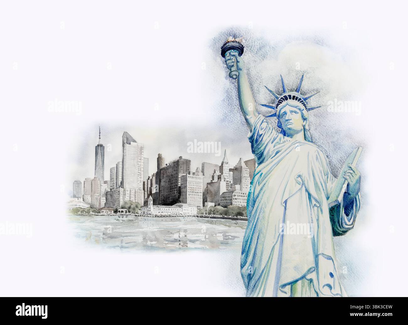 Statue Liberty architecture à Manhattan gratte-ciel urbain à New York. Aquarelle peinture paysage urbain dans les monuments célèbres du monde, des affaires Banque D'Images