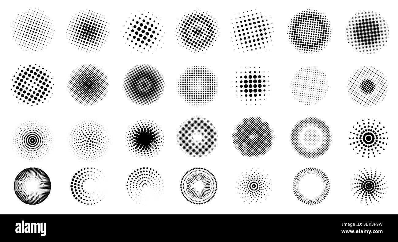 Cercles de demi-teintes. Formes rondes pointillées noires pour un design graphique rétro, éléments de spot demi-teinte monochromes dégradé texture moderne. Ensemble pop art vectoriel Illustration de Vecteur