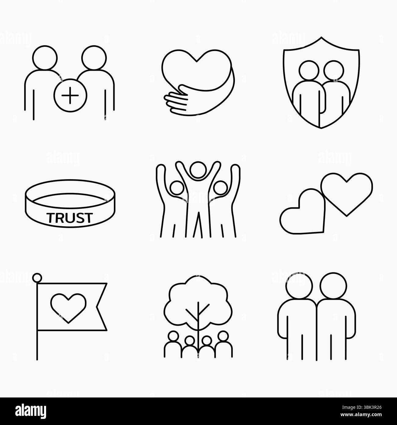Ensemble d'icônes de style de contour propre symbolisant l'amitié, la confiance, l'amour et la loyauté, idéal pour UI UX, les applications sociales et les conceptions à thème de relation, vecteur Illustration de Vecteur