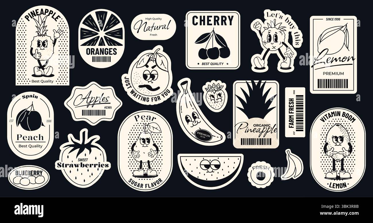 Emblème alimentaire de dessin animé rétro. Autocollants comiques vintage aux fruits avec des visages drôles, étiquette mascotte pomme citron banane orange framboise. Aliments et fruits vectoriels Illustration de Vecteur