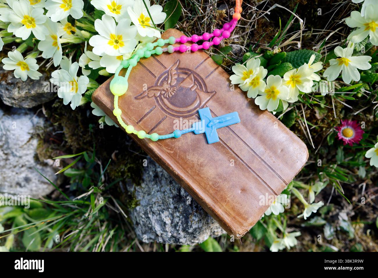 Chapelet en plastique avec des couleurs vives sur une Bible. Banque D'Images