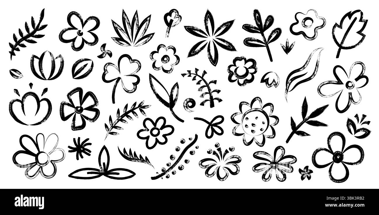 Fleur de pinceau dessinée à la main. Éléments d'esquisse à l'encre florale, silhouettes floristiques grunge doodle, plantes de fleurs printanières simples. Ensemble isolé de vecteur Illustration de Vecteur