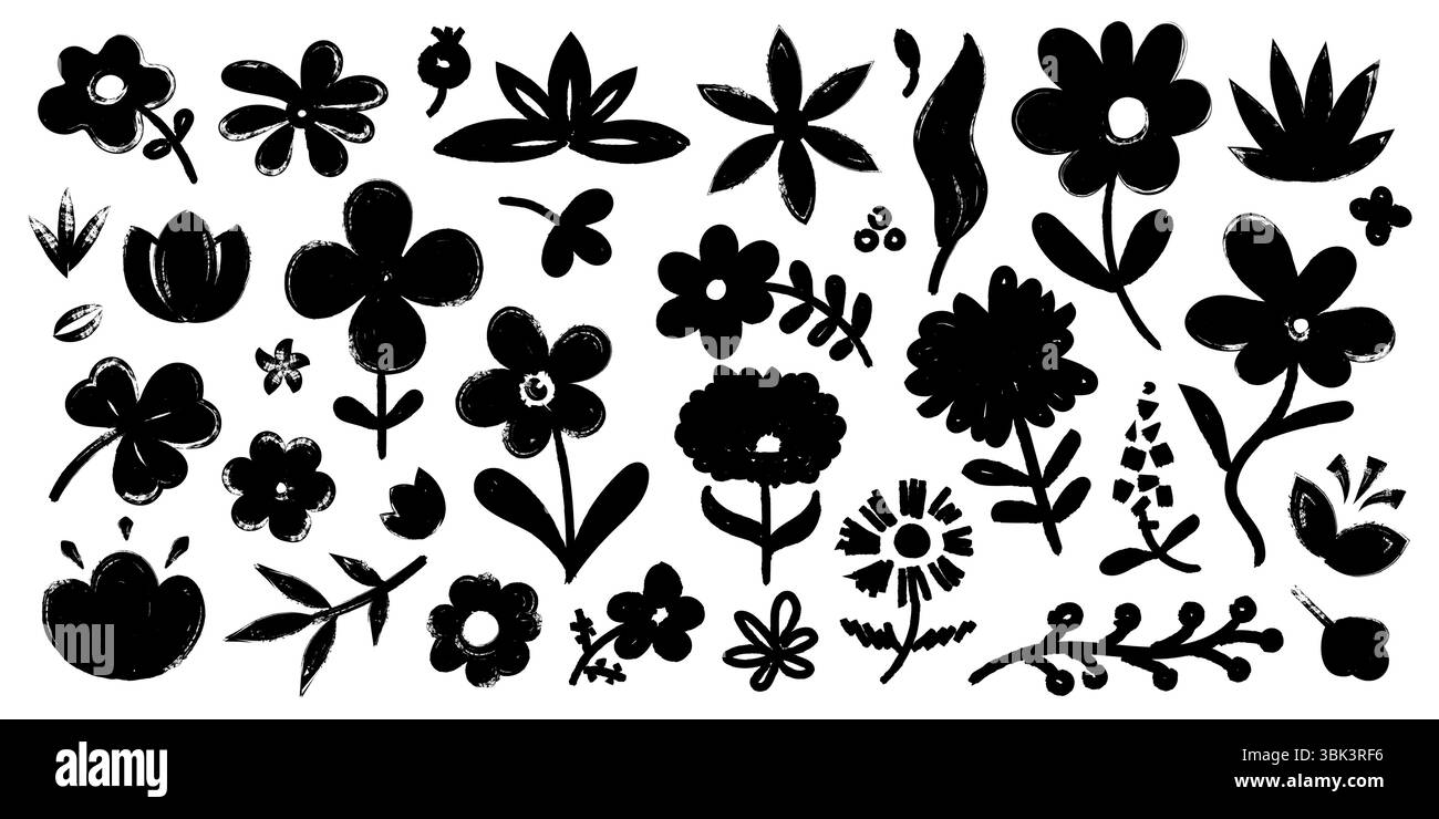 Fleur de contour de pinceau. Silhouettes florales abstraites avec coups de pinceau, bouquet de fleurs monochromes feuilles tiges grunge stencil réduit Vecteur Illustration de Vecteur