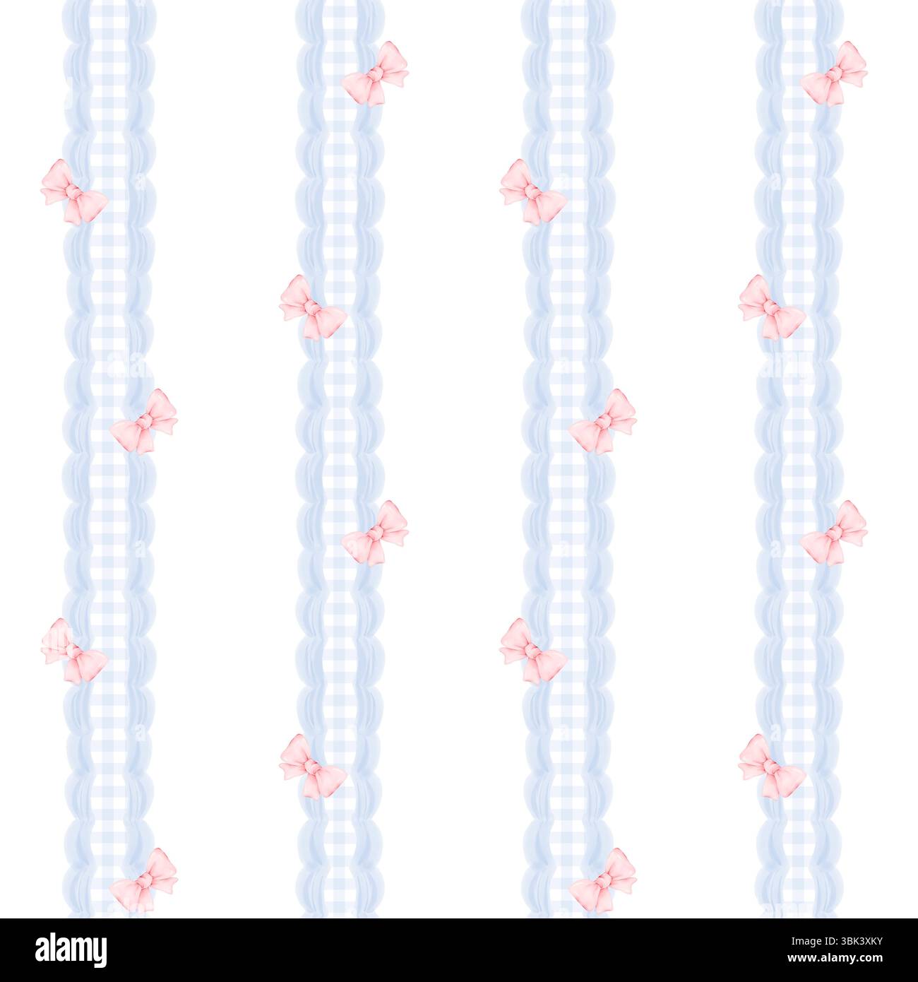 Motif de rayures verticales aquarelle avec carreaux Vichy bleus, bords festonnés et noeuds roses pour textiles, papier peint, emballage, scrapbooking, pépinière Banque D'Images