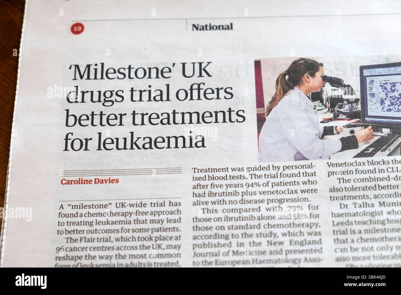 « Milestone » UK Drugs trial offre de meilleurs traitements pour la leucémie », journal Guardian Headline article de recherche sur le cancer 16 juin 2025 Londres Angleterre Royaume-Uni Banque D'Images