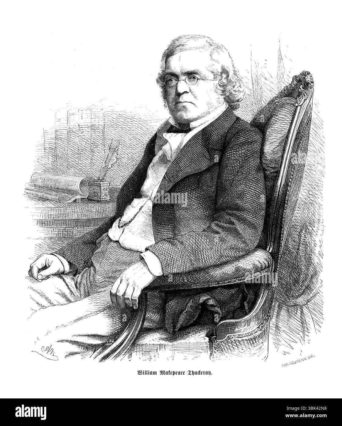 William Makepeace Thackeray (1811-1863) romancier anglais, journaliste, illustrateur, connu pour les œuvres satiriques de la société britannique comme 'Vanity Fair', illustration du XIXe siècle Banque D'Images
