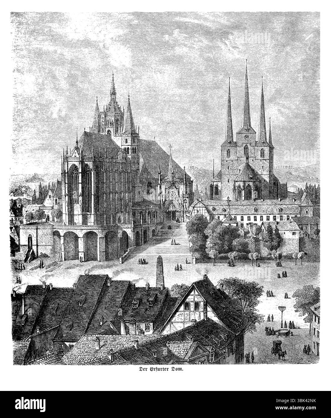 Cathédrale Sainte-Marie, e plus grand et plus ancien bâtiment d'église à Erfurt, Thuringe, bâtiment catholique romain daté du 12ème siècle, exemple d'architecture gothique avec vitraux, illustration du 19ème siècle. Banque D'Images