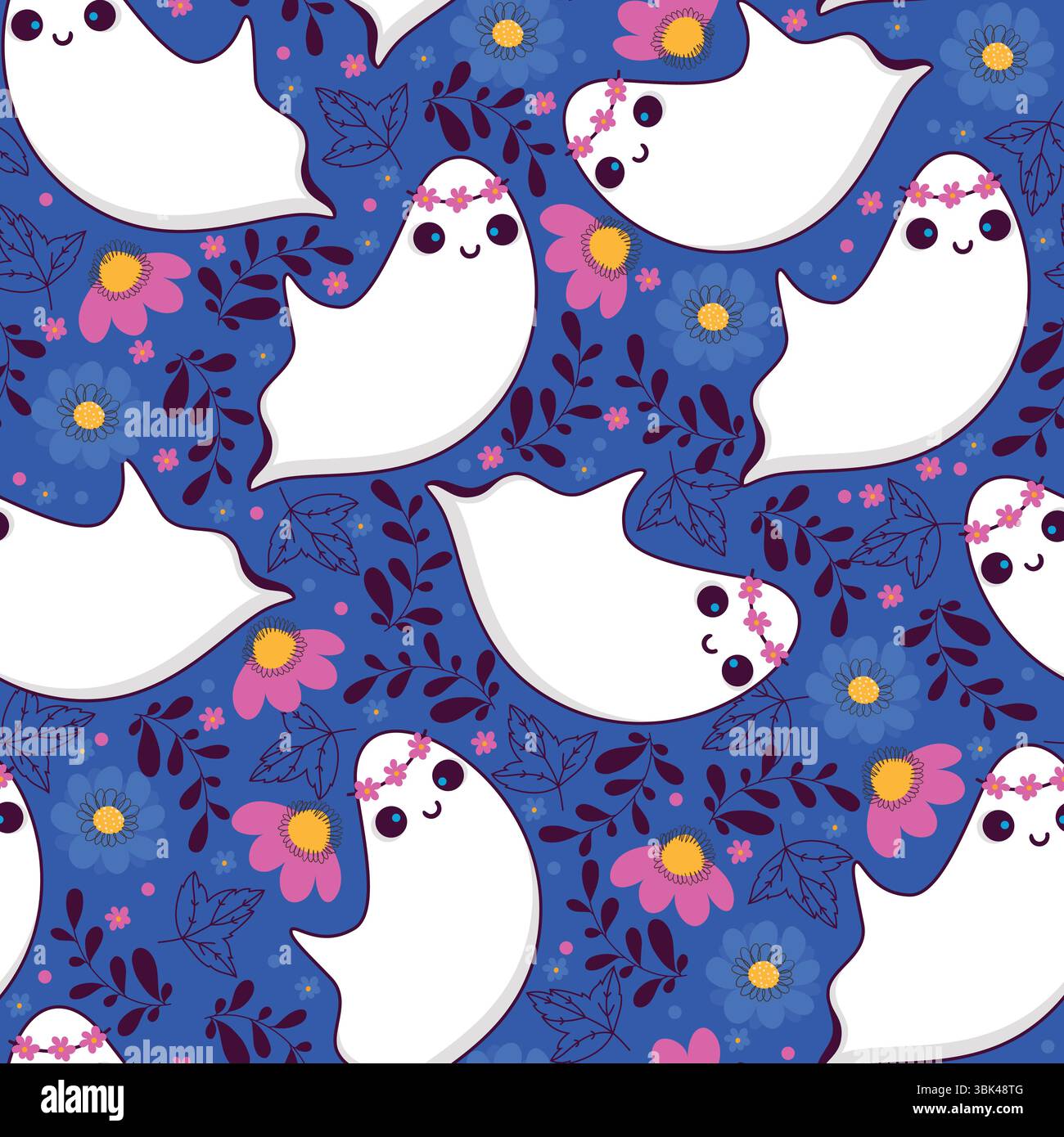 Motif sans couture avec fantômes blancs ludiques avec bandeaux floraux et fleurs. Fond floral coloré avec fantômes flottants sur fond bleu profond Illustration de Vecteur