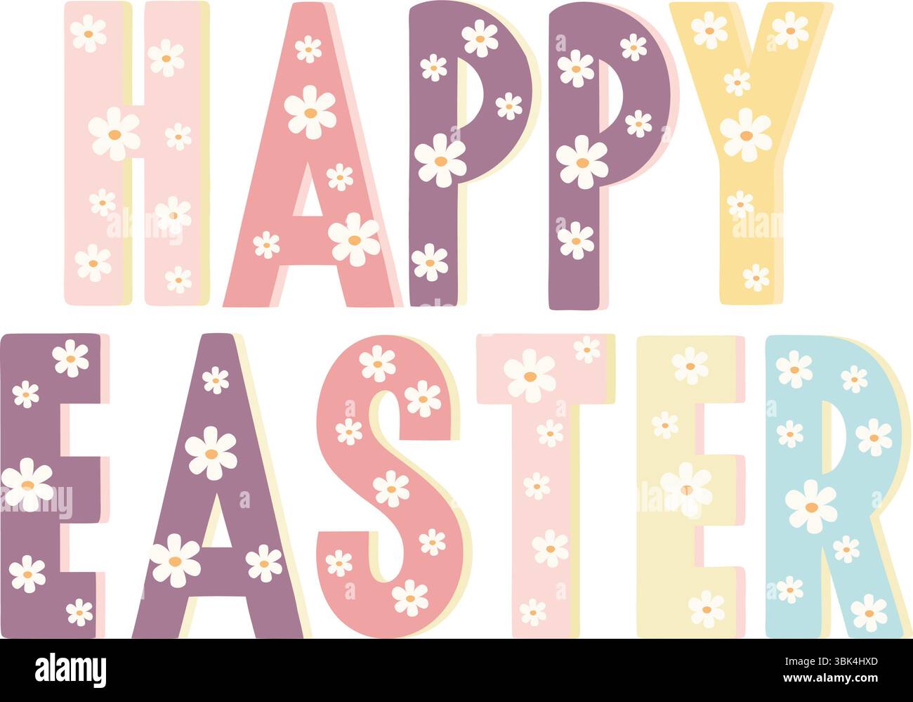 Texte coloré saluant joyeuses Pâques avec des fleurs de Marguerite. Lettrage pour enfants mignon isolé. Illustration vectorielle Illustration de Vecteur Texte coloré saluant joyeuses Pâques avec des fleurs de Marguerite. Lettrage pour enfants mignon isolé. Illustration vectorielle Illustration de Vecteur