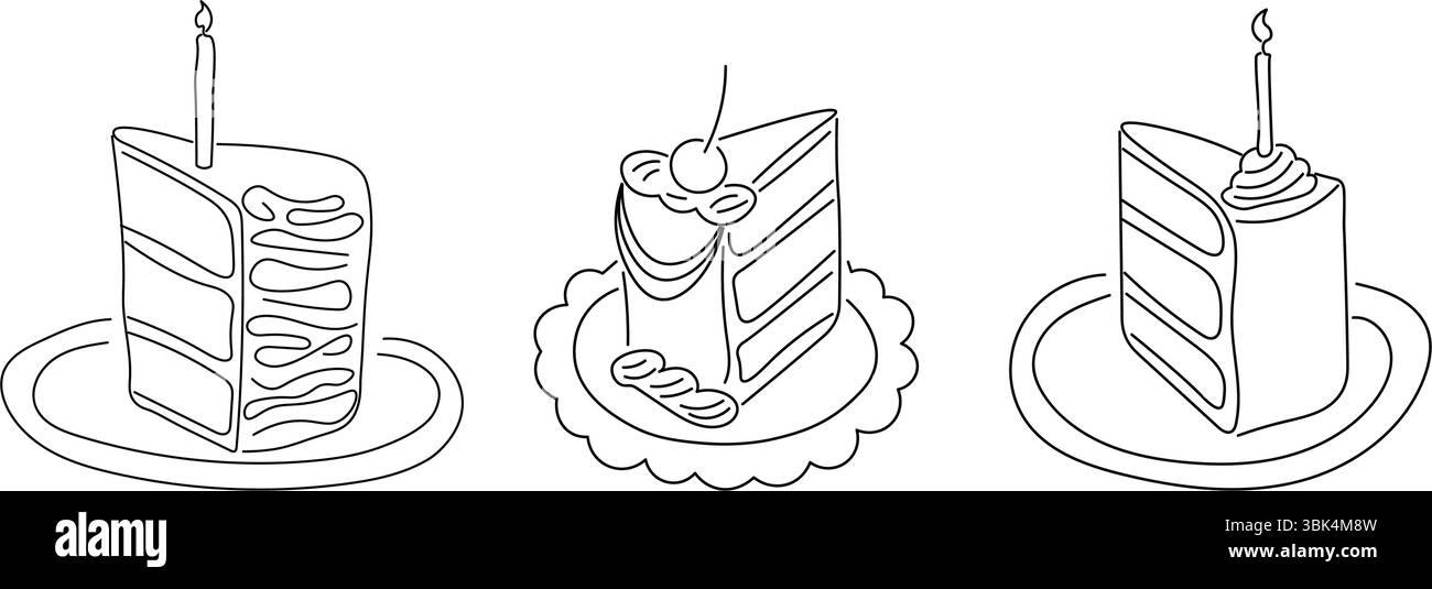 Ensemble de gâteaux d'anniversaire de tranche dessinés à la main. Illustrations de gâteau vintage avec bougies, crème fouettée et cerise.. Parfait pour les pages à colorier, la cuisson des blogs, Illustration de Vecteur