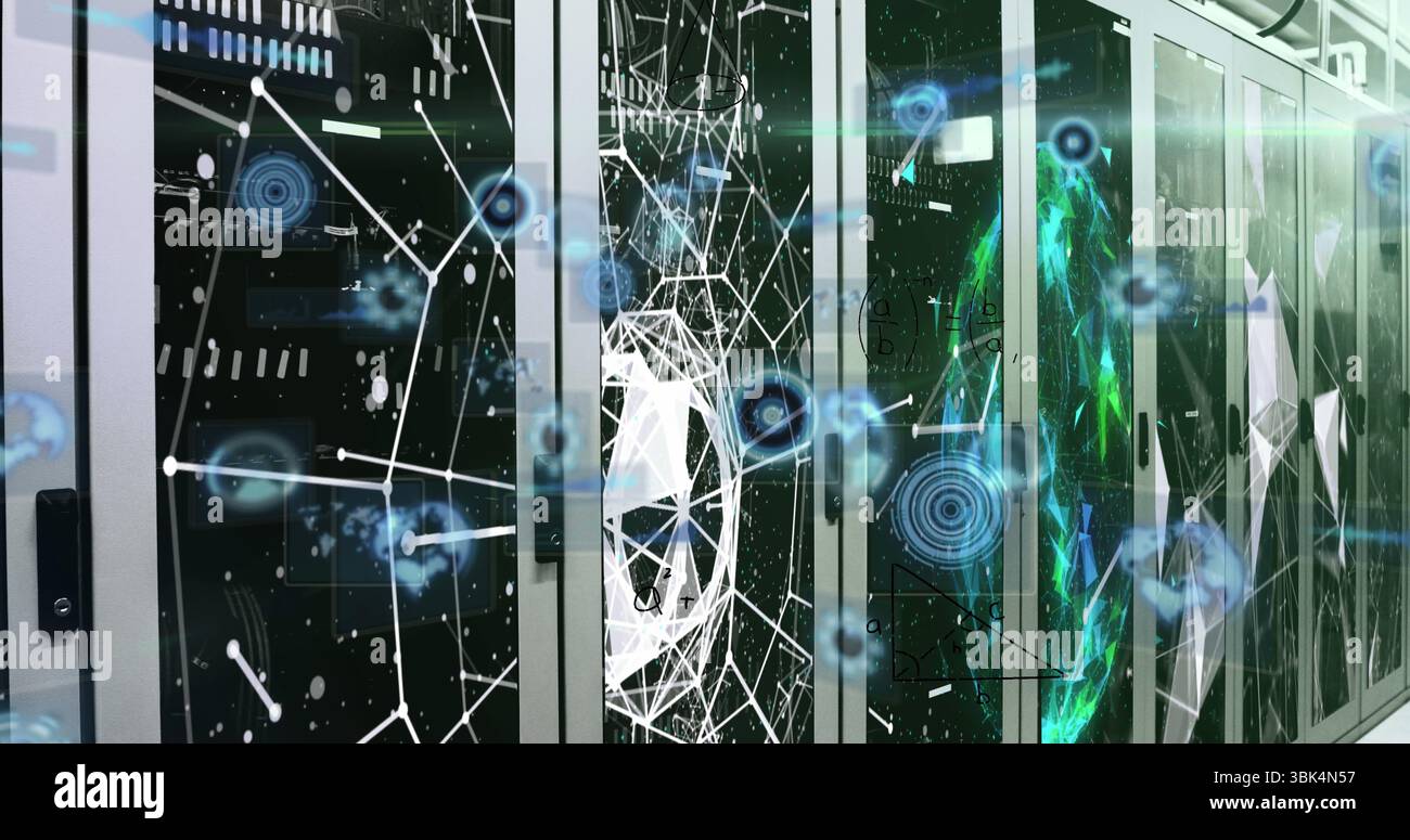 Nœuds de réseau holographiques lumineux connectant les armoires de serveur au centre de données, avec voyants LED Banque D'Images