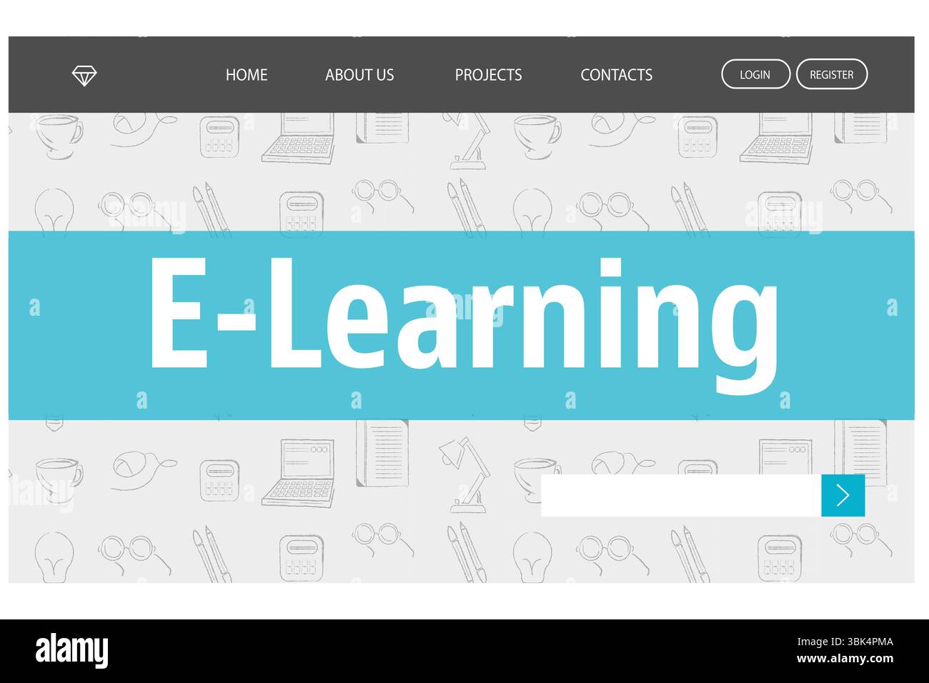 L'en-tête plat affiche une barre de navigation gris foncé et une bannière E-Learning turquoise avec un champ de recherche Banque D'Images