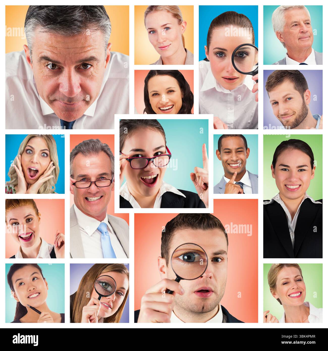 La conception plate montre quinze headshots dans une grille pastel, avec des lunettes, des loupes Banque D'Images